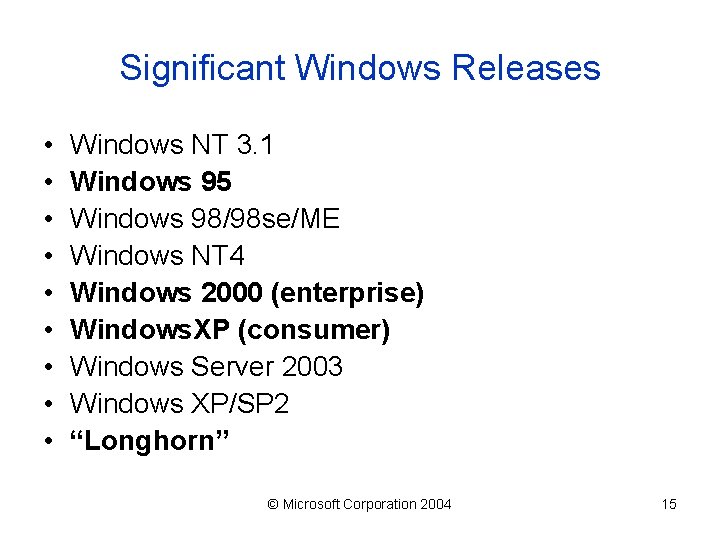Significant Windows Releases • • • Windows NT 3. 1 Windows 95 Windows 98/98
