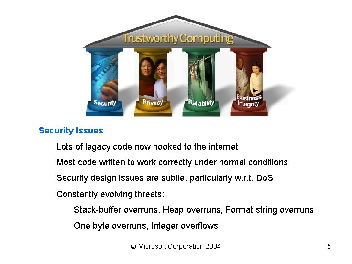 Security Issues Lots of legacy code now hooked to the internet Most code written