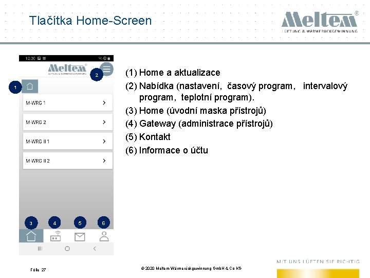 Tlačítka Home-Screen (1) Home a aktualizace (2) Nabídka (nastavení, časový program, intervalový program, teplotní