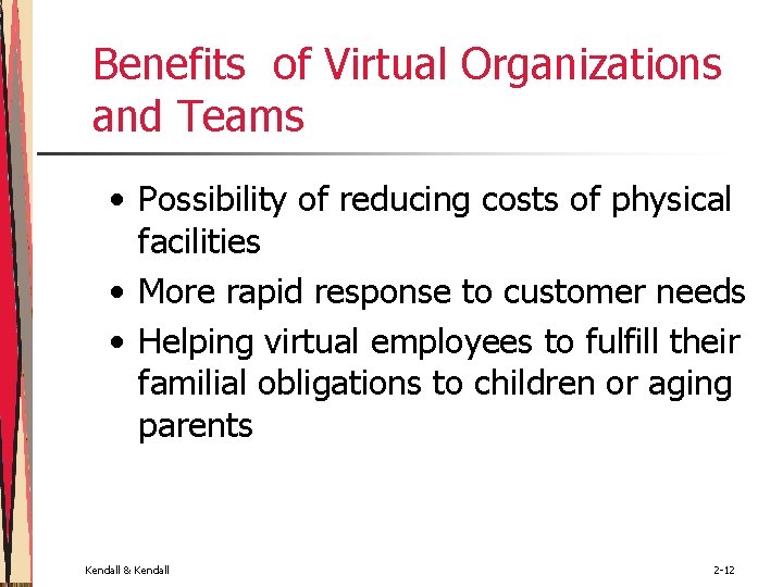 Benefits of Virtual Organizations and Teams • Possibility of reducing costs of physical facilities Benefits of Virtual Organizations and Teams • Possibility of reducing costs of physical facilities