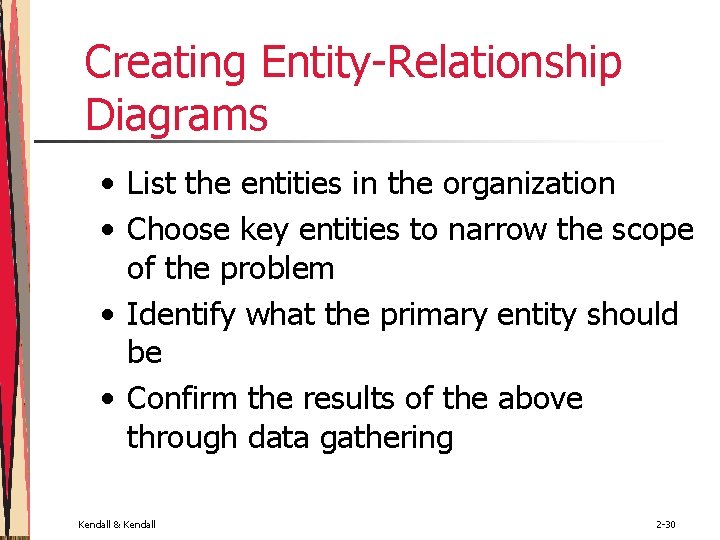 Creating Entity-Relationship Diagrams • List the entities in the organization • Choose key entities Creating Entity-Relationship Diagrams • List the entities in the organization • Choose key entities