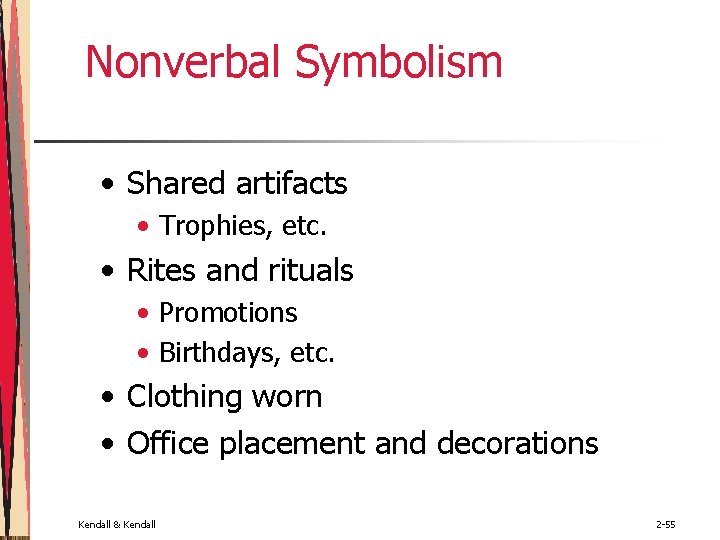 Nonverbal Symbolism • Shared artifacts • Trophies, etc. • Rites and rituals • Promotions Nonverbal Symbolism • Shared artifacts • Trophies, etc. • Rites and rituals • Promotions