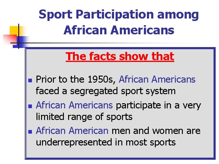 Sport Participation among African Americans The facts show that n n n Prior to Sport Participation among African Americans The facts show that n n n Prior to