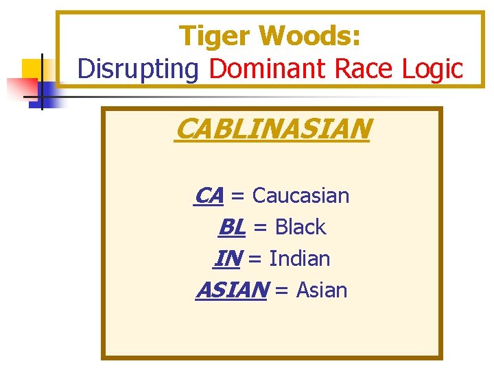 Tiger Woods: Disrupting Dominant Race Logic CABLINASIAN CA = Caucasian BL = Black IN Tiger Woods: Disrupting Dominant Race Logic CABLINASIAN CA = Caucasian BL = Black IN