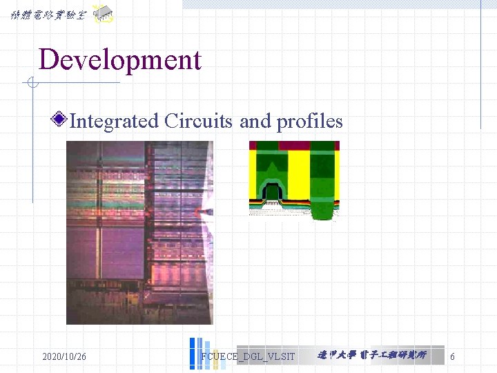 積體電路實驗室 Development Integrated Circuits and profiles 2020/10/26 FCUECE_DGL_VLSIT 逢甲大學 電子 程研究所 6 積體電路實驗室 Development Integrated Circuits and profiles 2020/10/26 FCUECE_DGL_VLSIT 逢甲大學 電子 程研究所 6