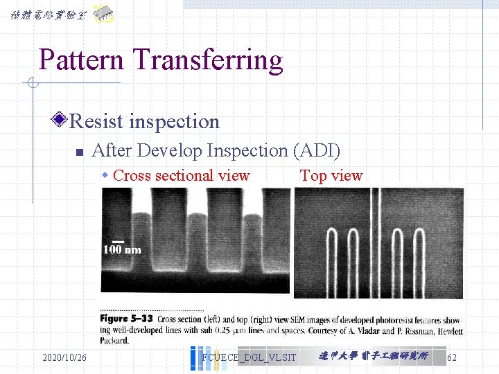 積體電路實驗室 Pattern Transferring Resist inspection n After Develop Inspection (ADI) w Cross sectional view 積體電路實驗室 Pattern Transferring Resist inspection n After Develop Inspection (ADI) w Cross sectional view