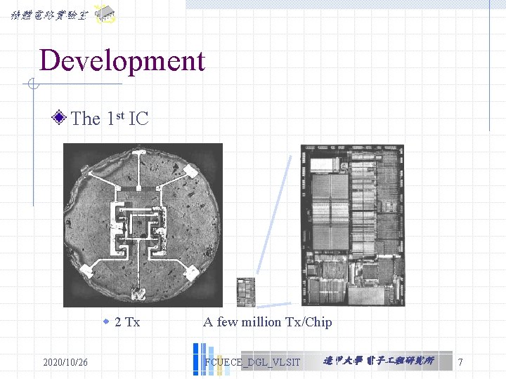 積體電路實驗室 Development The 1 st IC w 2 Tx 2020/10/26 A few million Tx/Chip 積體電路實驗室 Development The 1 st IC w 2 Tx 2020/10/26 A few million Tx/Chip