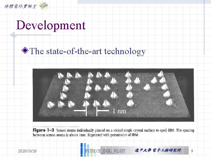 積體電路實驗室 Development The state-of-the-art technology 1 nm 2020/10/26 FCUECE_DGL_VLSIT 逢甲大學 電子 程研究所 9 積體電路實驗室 Development The state-of-the-art technology 1 nm 2020/10/26 FCUECE_DGL_VLSIT 逢甲大學 電子 程研究所 9