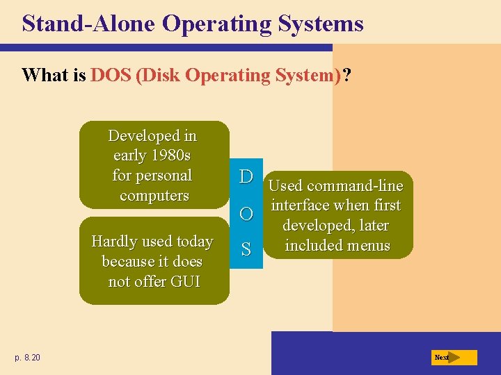 Stand-Alone Operating Systems What is DOS (Disk Operating System)? Developed in early 1980 s Stand-Alone Operating Systems What is DOS (Disk Operating System)? Developed in early 1980 s