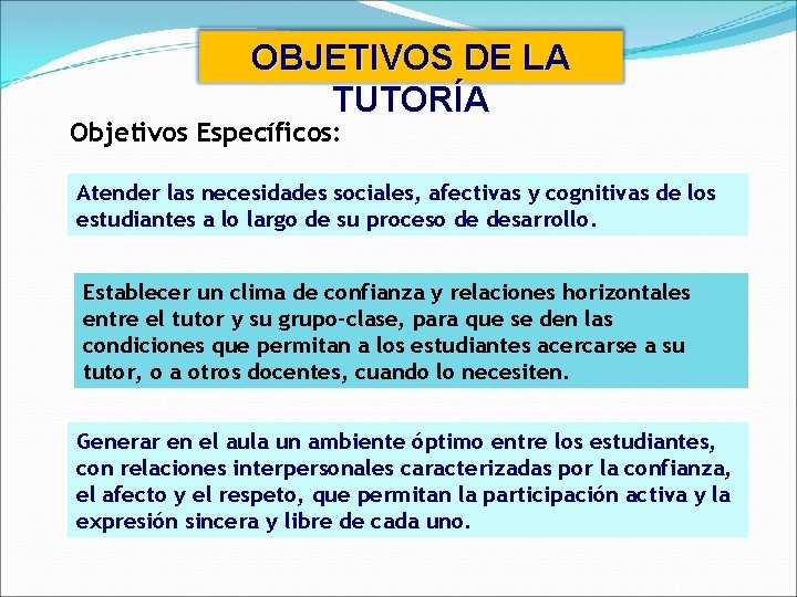 OBJETIVOS DE LA TUTORÍA Objetivos Específicos: Atender las necesidades sociales, afectivas y cognitivas de