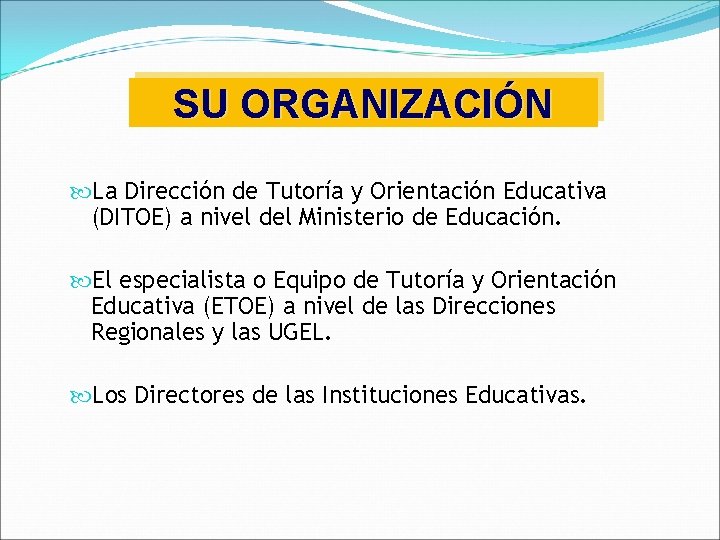 SU ORGANIZACIÓN La Dirección de Tutoría y Orientación Educativa (DITOE) a nivel del Ministerio