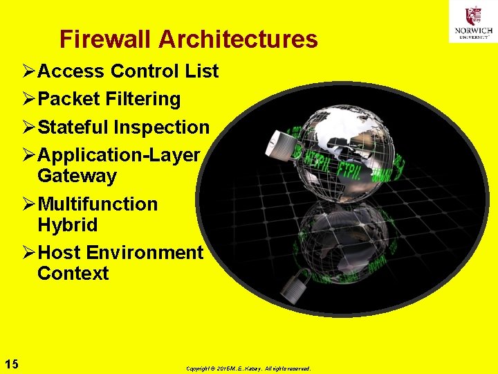 Firewall Architectures ØAccess Control List ØPacket Filtering ØStateful Inspection ØApplication-Layer Gateway ØMultifunction Hybrid ØHost