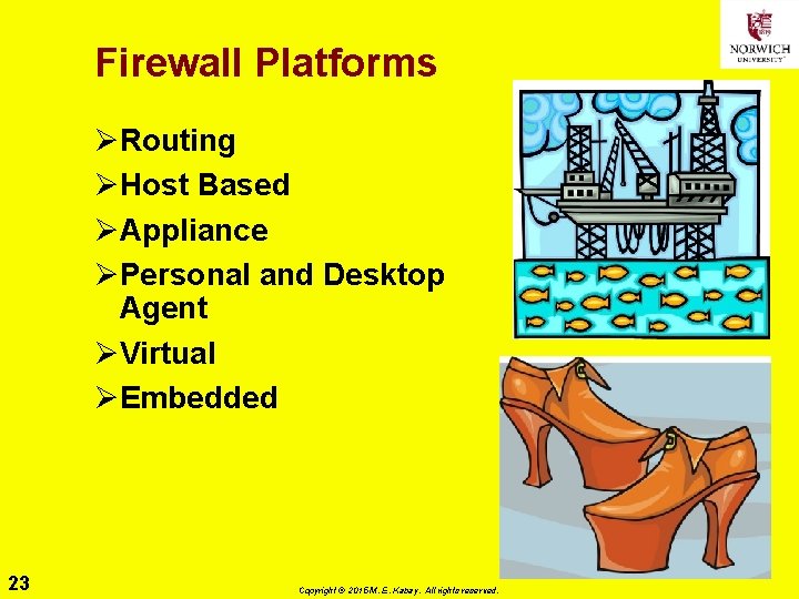 Firewall Platforms ØRouting ØHost Based ØAppliance ØPersonal and Desktop Agent ØVirtual ØEmbedded 23 Copyright