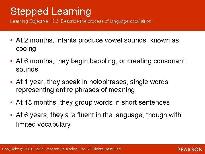 Stepped Learning Objective 17. 3: Describe the process of language acquisition. • At 2