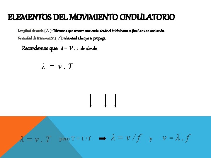 ELEMENTOS DEL MOVIMIENTO ONDULATORIO Longitud de onda ( λ ): Distancia que recorre una