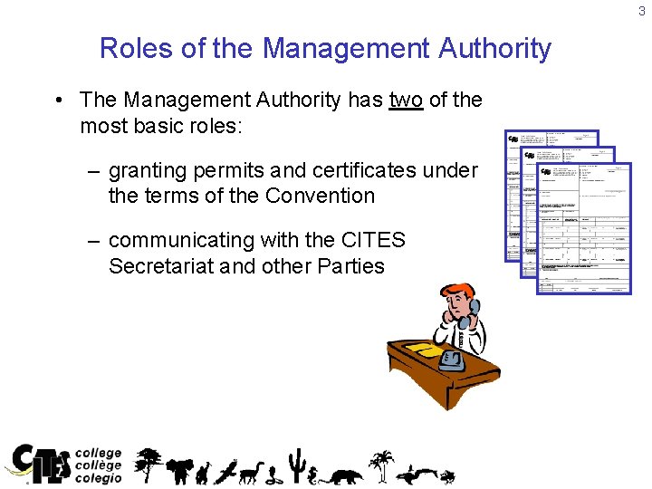 3 Roles of the Management Authority • The Management Authority has two of the