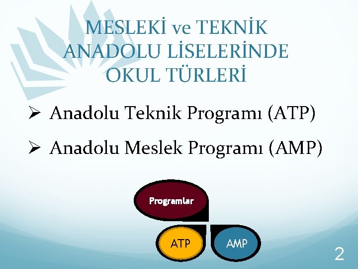 MESLEKİ ve TEKNİK ANADOLU LİSELERİNDE OKUL TÜRLERİ Ø Anadolu Teknik Programı (ATP) Ø Anadolu