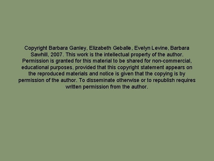 Copyright Barbara Ganley, Elizabeth Geballe, Evelyn Levine, Barbara Sawhill, 2007. This work is the