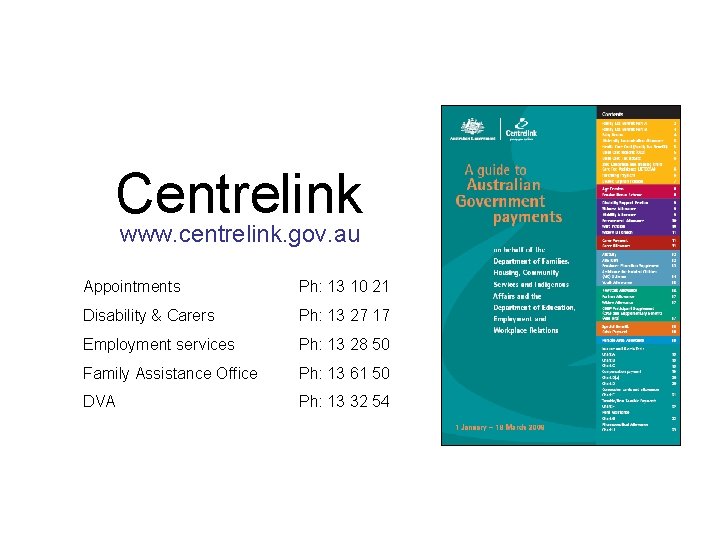 Centrelink www. centrelink. gov. au Appointments Ph: 13 10 21 Disability & Carers Ph: Centrelink www. centrelink. gov. au Appointments Ph: 13 10 21 Disability & Carers Ph: