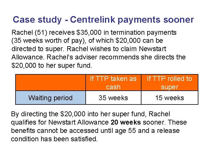 Case study - Centrelink payments sooner Rachel (51) receives $35, 000 in termination payments Case study - Centrelink payments sooner Rachel (51) receives $35, 000 in termination payments