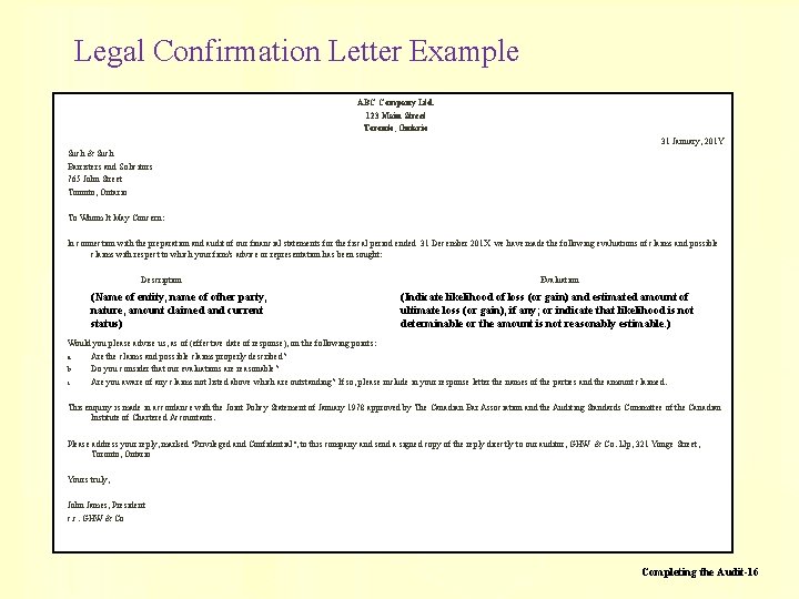 Legal Confirmation Letter Example ABC Company Ltd. 123 Main Street Toronto, Ontario 31 January,