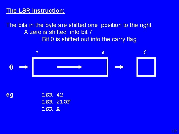 The LSR instruction: The bits in the byte are shifted one position to the