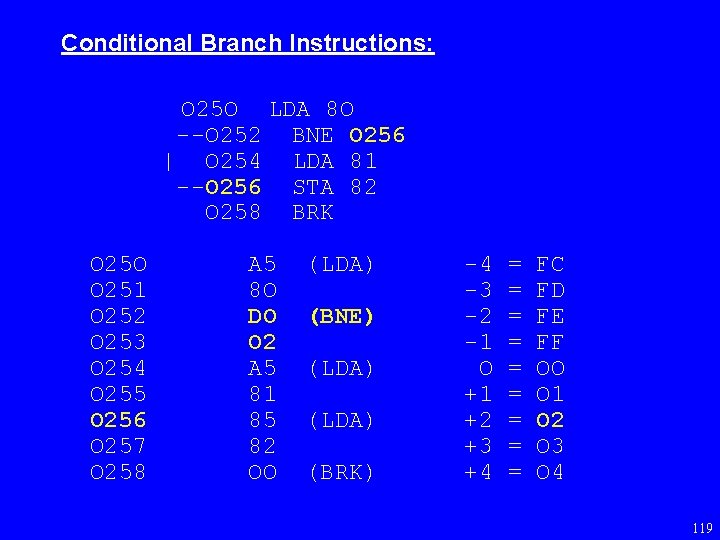 Conditional Branch Instructions: O 25 O LDA 8 O --O 252 BNE O 256