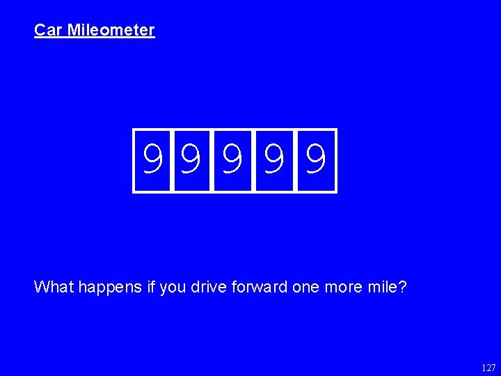 Car Mileometer 99 9 What happens if you drive forward one more mile? 127