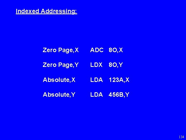 Indexed Addressing: Zero Page, X ADC 8 O, X Zero Page, Y LDX Absolute,