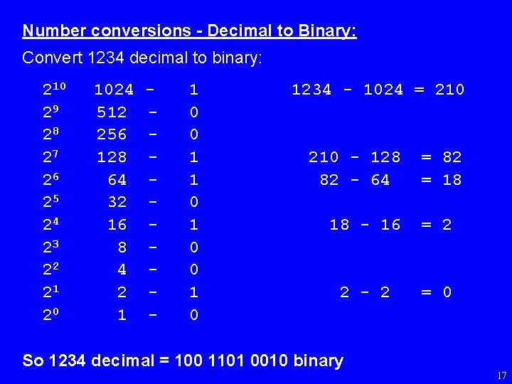 Number conversions - Decimal to Binary: Convert 1234 decimal to binary: 210 29 28