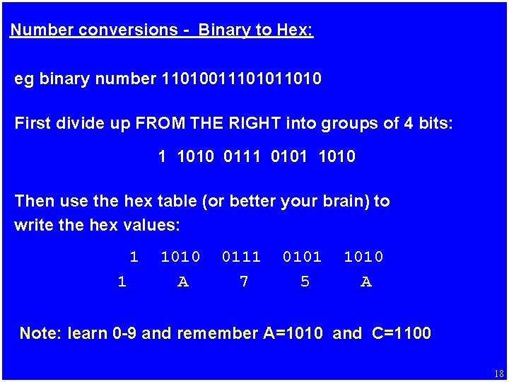 Number conversions - Binary to Hex: eg binary number 110100111010 First divide up FROM