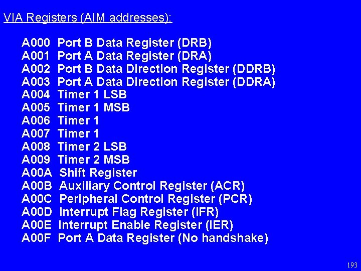 VIA Registers (AIM addresses): A 000 A 001 A 002 A 003 A 004