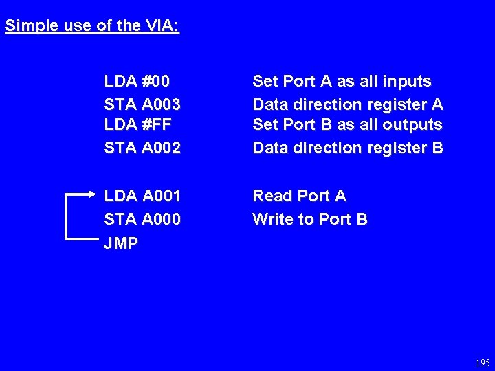 Simple use of the VIA: LDA #00 STA A 003 LDA #FF STA A