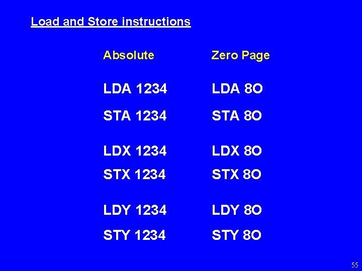 Load and Store instructions Absolute Zero Page LDA 1234 LDA 8 O STA 1234