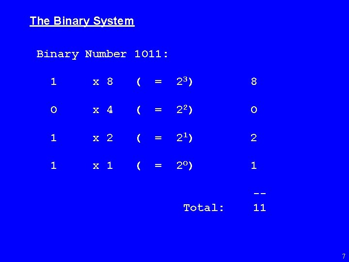 The Binary System Binary Number 1 O 11: 1 x 8 ( = 2