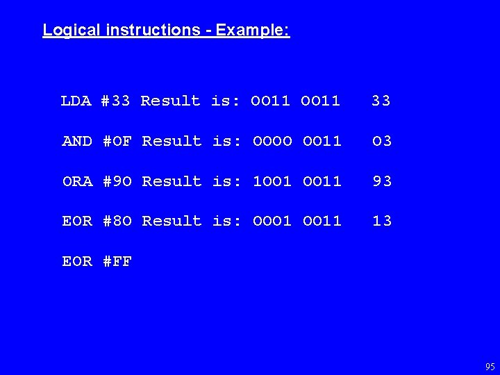 Logical instructions - Example: LDA #33 Result is: OO 11 33 AND #OF Result
