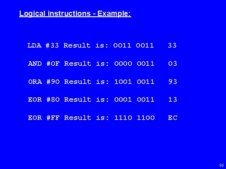 Logical instructions - Example: LDA #33 Result is: OO 11 33 AND #OF Result