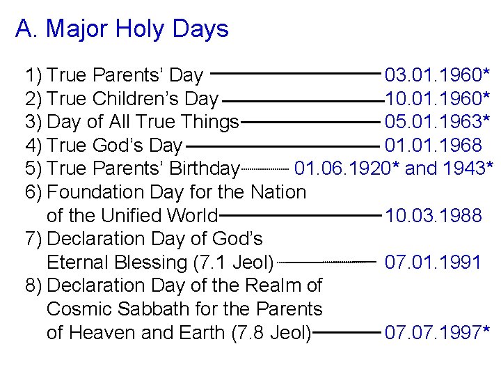 A. Major Holy Days 1) True Parents’ Day 03. 01. 1960* 2) True Children’s