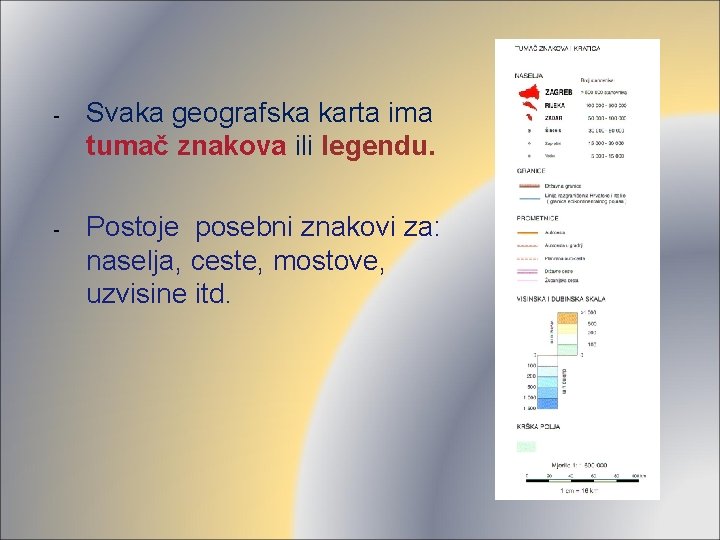 - Svaka geografska karta ima tumač znakova ili legendu. - Postoje posebni znakovi za: