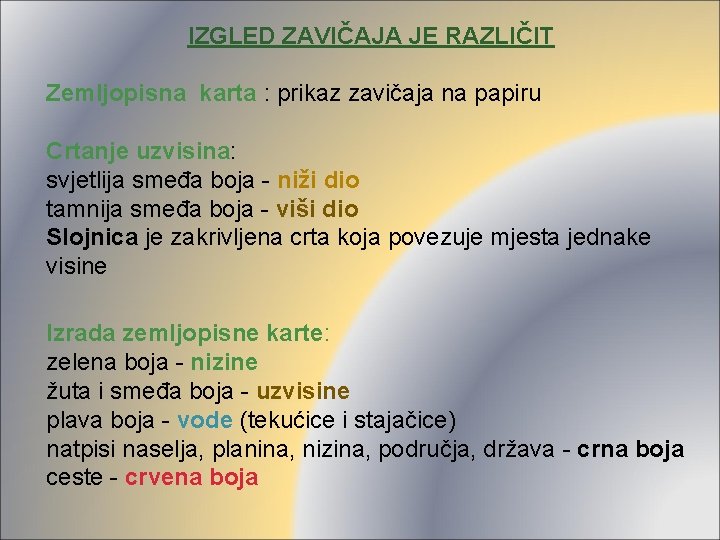 IZGLED ZAVIČAJA JE RAZLIČIT Zemljopisna karta : prikaz zavičaja na papiru Crtanje uzvisina: svjetlija