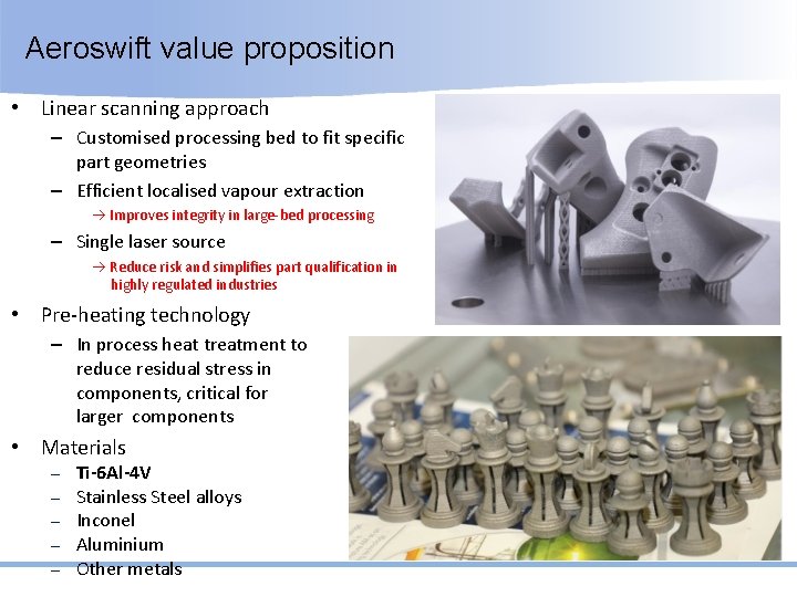 Aeroswift value proposition • Linear scanning approach – Customised processing bed to fit specific