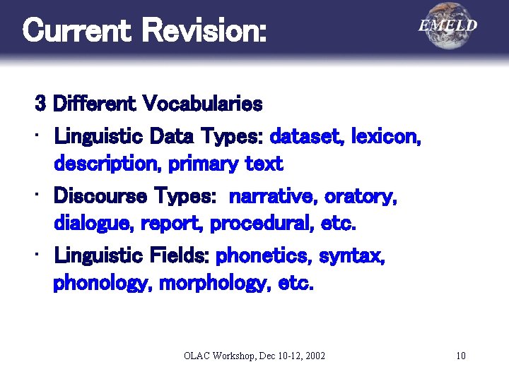 Current Revision: 3 Different Vocabularies • Linguistic Data Types: dataset, lexicon, description, primary text