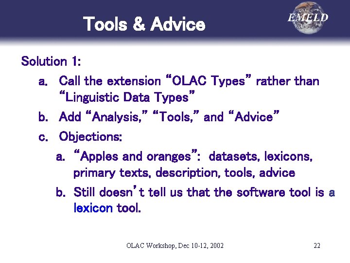 Tools & Advice Solution 1: a. Call the extension “OLAC Types” rather than “Linguistic