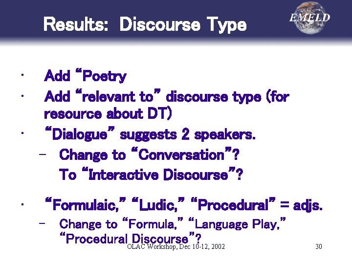 Results: Discourse Type • • Add “Poetry Add “relevant to” discourse type (for resource