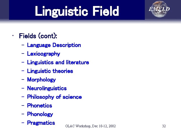 Linguistic Field • Fields (cont): – – – – – Language Description Lexicography Linguistics