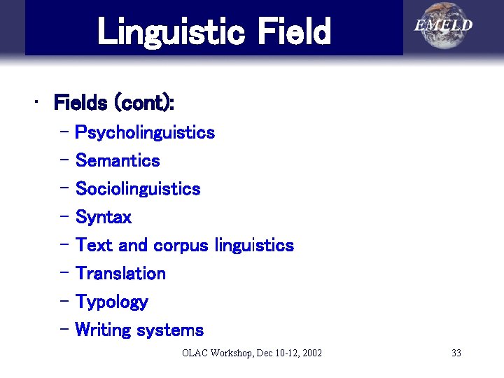Linguistic Field • Fields (cont): – Psycholinguistics – Semantics – Sociolinguistics – Syntax –