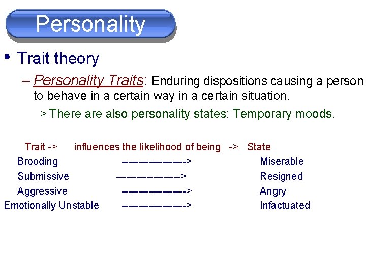 Personality • Trait theory – Personality Traits: Enduring dispositions causing a person to behave