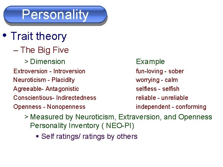 Personality • Trait theory – The Big Five > Dimension Extroversion - Introversion Neuroticism