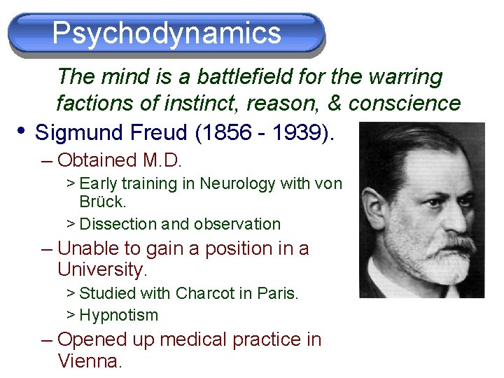 Psychodynamics • The mind is a battlefield for the warring factions of instinct, reason,