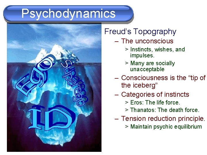 Psychodynamics Freud’s Topography – The unconscious > Instincts, wishes, and impulses. > Many are